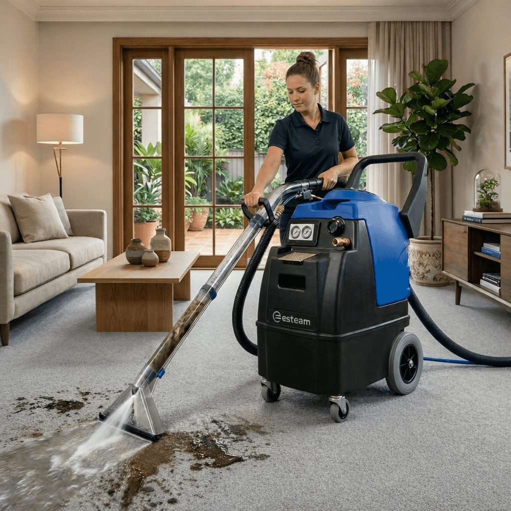 Professional Esteam carpet extractor cleaning a carpet in a Lethbridge home